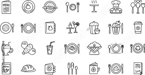 Restaurant and food service icon set. Thin line editable stroke icons for menus, meals, dining, drinks, cafes, bars, delivery, culinary branding, types of food and restaurants