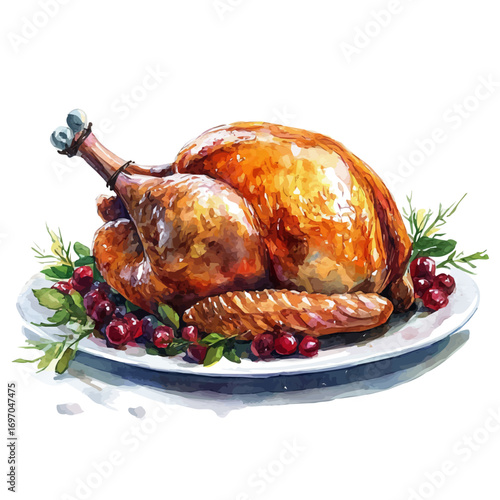 Turkey Roast, watercolor clipart vector, isolated on a white background.
