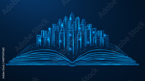Knowledge builds the future. An open book from which a modern city with high-rise buildings grows. The source of the development of civilization and education as the foundation of cities and ideas.