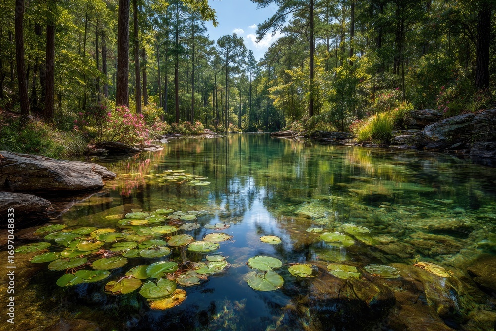 Fototapeta premium and keyword list based on the image you providedLake reflecting forest trees in a park with lily pads and clear water.