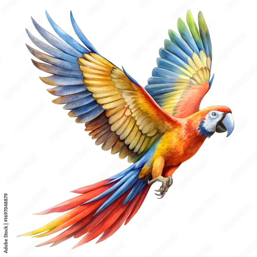 Fototapeta premium A vibrant macaw parrot in midflight, showcasing its colorful wings and long tail, isolated on white background