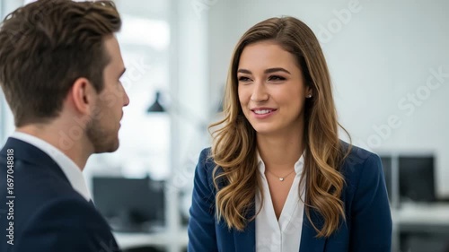 Wallpaper Mural Young businesswoman smiling while talking with colleague in office   Torontodigital.ca