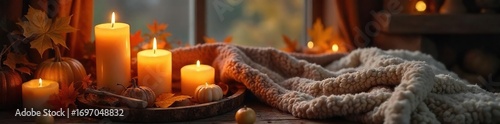 Cozy autumn evening scene with flickering candlelight, warm blankets, and rustic decor Perfect for fall, Thanksgiving, and hygge themes , home decor, brown, orange