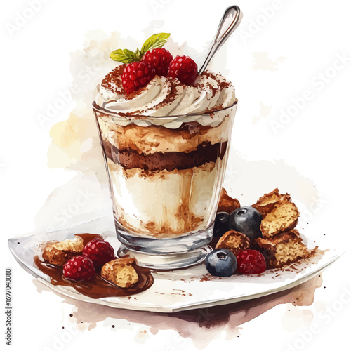 watercolor of Tiramisu, vector, isolated on a white background.
