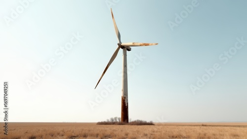 Old wind turbine in field against sky