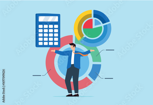 Businessman with calculator and pie chart. Concept of cost structure analysis, expense and income balance calculation, revenue assessment, debt and investment analysis, budgeting, and saving