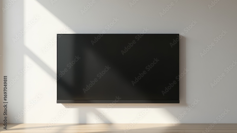 Fototapeta premium Black television set mounted on white wall