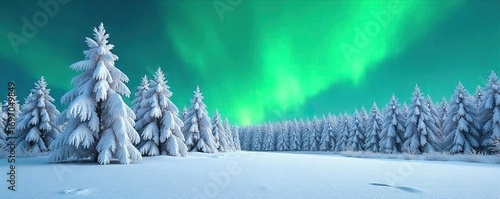 Frozen winter landscape, icy trees against a vibrant green backdrop Perfect for environmental, nature, or seasonal themes Evokes a feeling of crisp cold and untouched beauty , winter, serene, icy