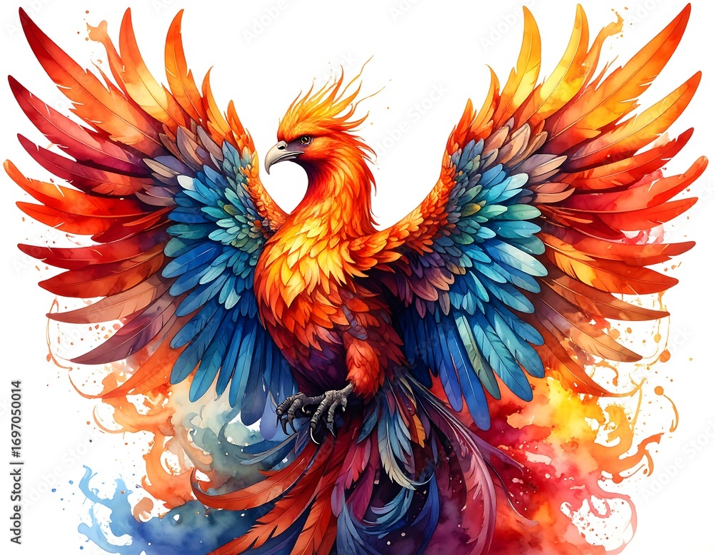 Obraz premium Colorful phoenix soaring amidst vibrant paint splatter