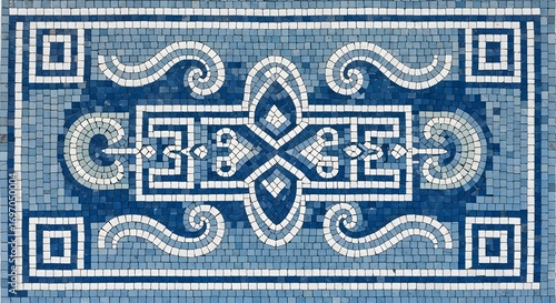 Greek mosaic stone pattern with detailed blue and white symmetry for classical cultural backgrounds
