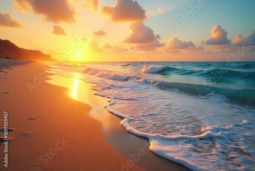 Golden hour sunlight bathes a tranquil sunrise beach, soft sand meets gentle waves, creating a serene coastal scene perfect for relaxation and escape ,  landscape,  yellow