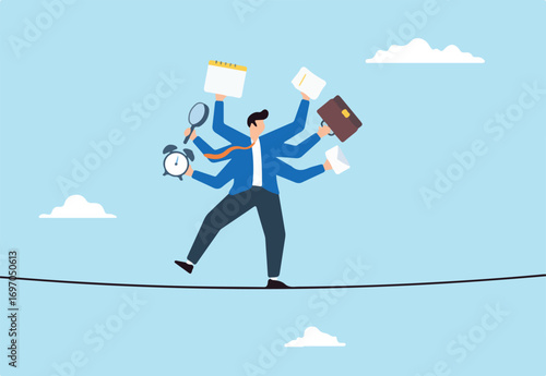 Businessman juggling multiple tasks balancing on tightrope concept multitasking challenges