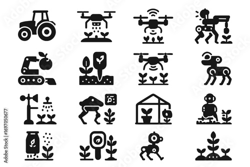 Vector autonomous robot fertilizer irrigation tractor dispenser farming icon soil futuristic ai