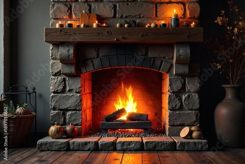 Cozy fireplace decorated with glowing embers, flickering flames, and rustic mantelpiece accents , embers, relaxation, chimney