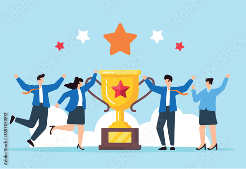 Flat illustration of business people with stars and rewards representing employee engagement and job satisfaction
