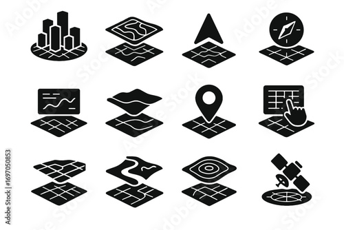 Interactive map icon vector model location icons streets topographic digital virtual holographic