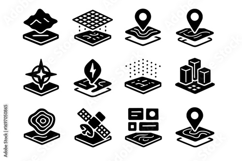 Overlay holographic map icon d floating interactive blocks navigation vector grid lines