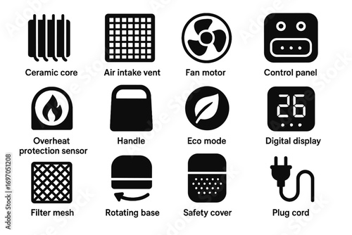 Ceramic heater air mode core icon vector control filter button rotating cover