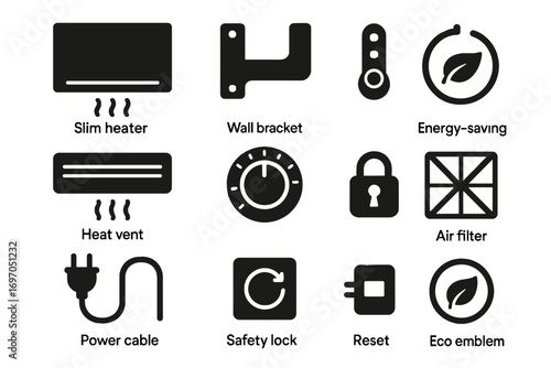 Icons heater icon eco vector switch wall control cable dial power slim