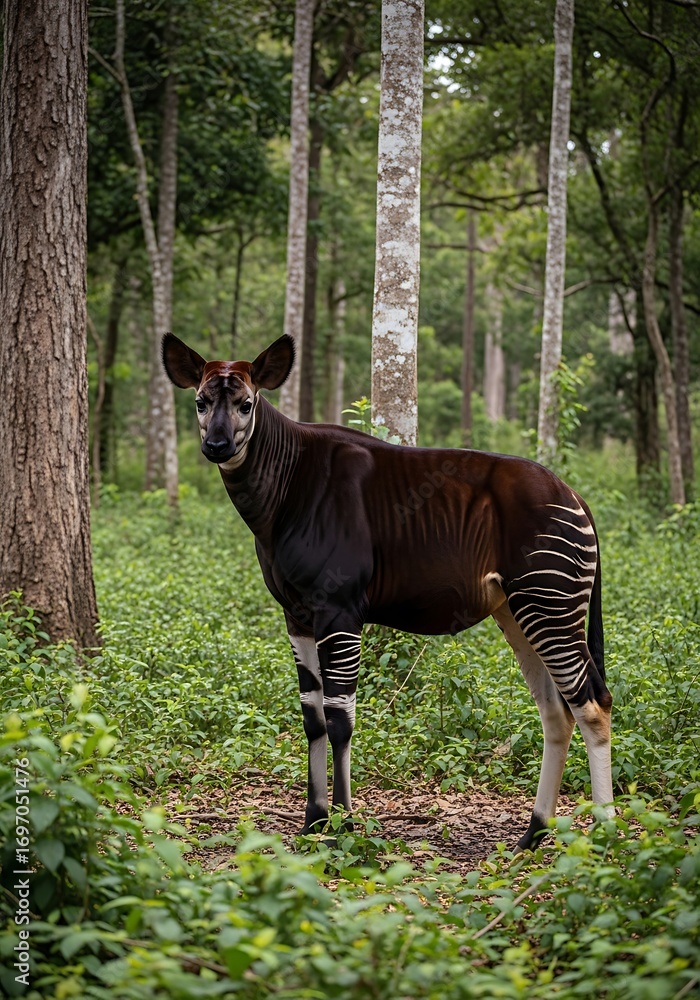 Naklejka premium Okapi in the Forest A Rare Glimpse of a Unique Creature