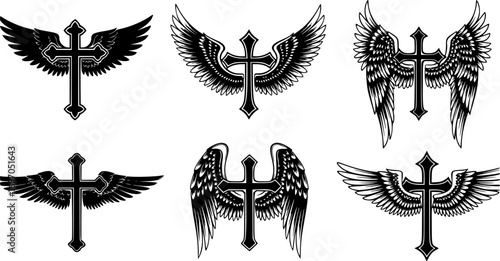 Set of Crosses with Angel Wings – Religious Christian Symbol Vector Collection
