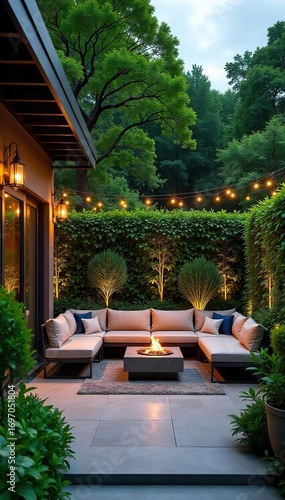 Serene patio oasis with lush greenery, inviting seating, and elegant outdoor lighting creating a tranquil escape Perfect for relaxation and entertaining , chairs, style