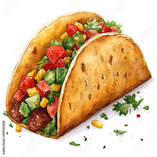 Taco, watercolor painting vector, isolated on a white background.
