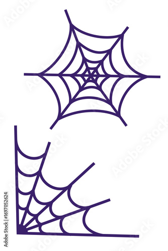 Purple spider web corner decoration vector illustration on white, isolated background. Halloween spooky cobweb design element for autumn holiday party decorations, graphic elements and crafts. PNG