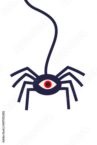 Spooky Halloween spider with red eye hanging on web thread vector illustration. Cartoon dark blue arachnid design element for autumn holiday decorations on white background. High resolution PNG