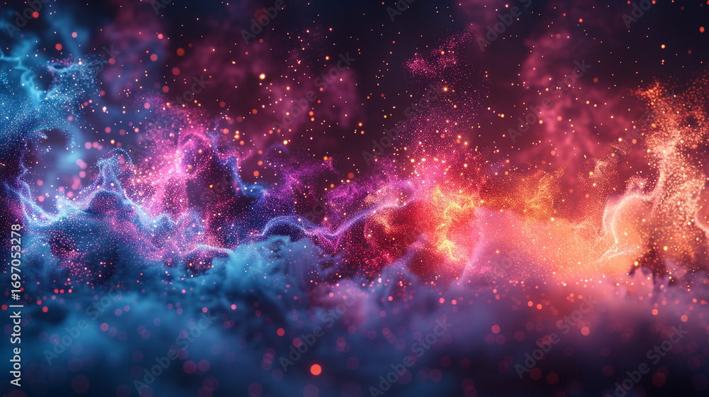 Fototapeta premium Abstract swirling nebula of vibrant colors, with glowing particles and smoke-like textures. (1)