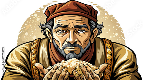 Close-up portrait of male miller with flour-dusted hands. Isolated white background highlights tradition, work ethic, and agricultural heritage.