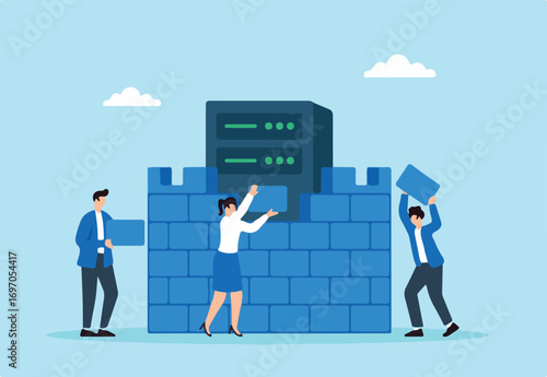 Flat illustration of three people building fortress wall from data blocks around server to prevent cyberattacks with encryption layers