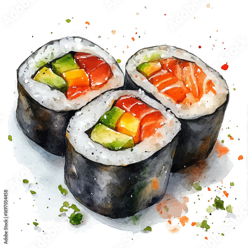 watercolor of Sushi, vector, isolated on a white background.