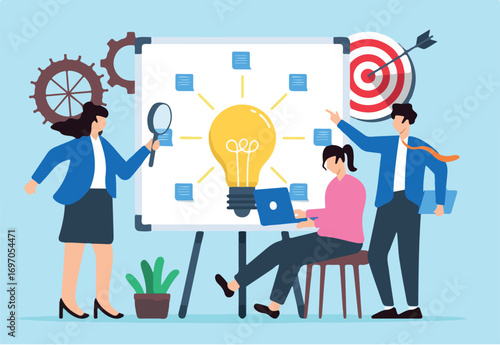 Vector illustration of colleagues setting up innovation hub with sticky notes on whiteboard creative space