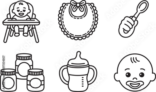 Baby Care and Feeding Black Outline Icons Set on Transparent Background Vector Design