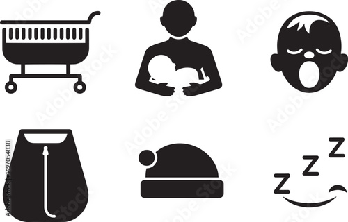 Baby Care Vector Set Motherhood Icons Shopping Cart Nursing Sleeping Baby Clothes Hat Sleep