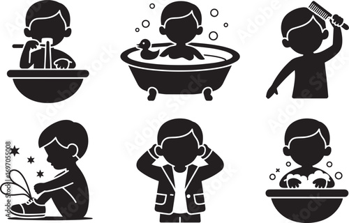 Boy Brushing Teeth Silhouette Icon Vector Illustration for Dental Hygiene and Oral Care Routine