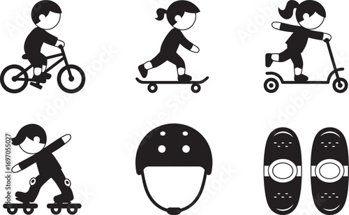 Black Silhouette Children Playing Outdoors with Safety Gear Vector Illustration