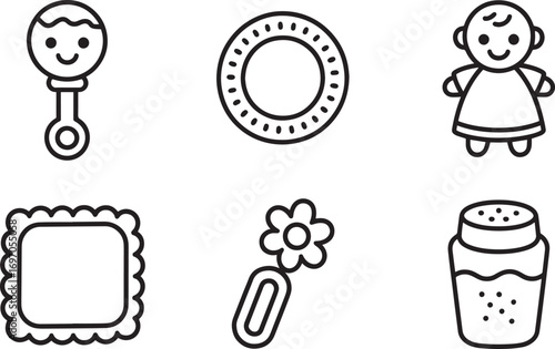 Charming Toy Icons Set Featuring Rattle, Ring, Doll, Frame, Flower, and Bottle Outlines
