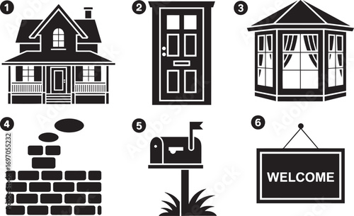 Detailed Home Exterior Elements Vector Illustration House Door Gazebo Chimney Mailbox Welcome