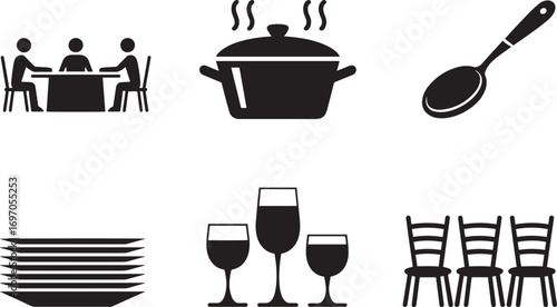 Dining Experience Illustration Featuring People at Table, Cooking Pot, Spoon, Plates, Glasses