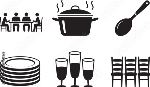 Dining Iconography A Culinary Gathering with Plates, Glasses, Chairs, and a Steaming Pot