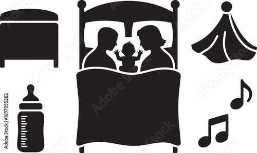 Family Bedtime Silhouette Illustration Depicting Parenthood, Infant Care, and Domestic Harmony