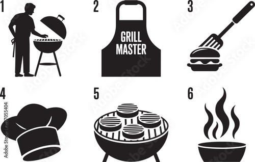 Grill Master Icons Set with Chef, Apron, Spatula, Burger, Grill, and Smoke for Barbecue