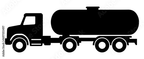 Black and white illustration of the badge of a large fuel tanker with a tank in a minimalist style on a white isolated background. Vector graphics. EPS.
