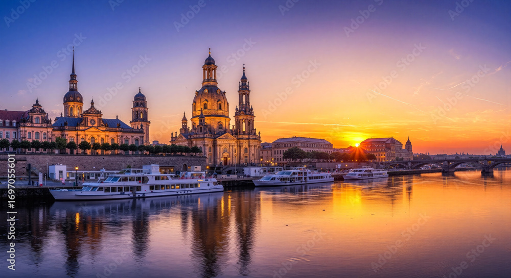 Obraz premium Golden light illuminates historic Dresden city at sunset