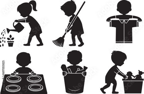 Silhouette Illustrations of Children Doing Chores and Playing with Toys in Black and White