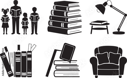 Silhouette Family Reading Books Together with Stacked Books and Desk Lamp Illustration