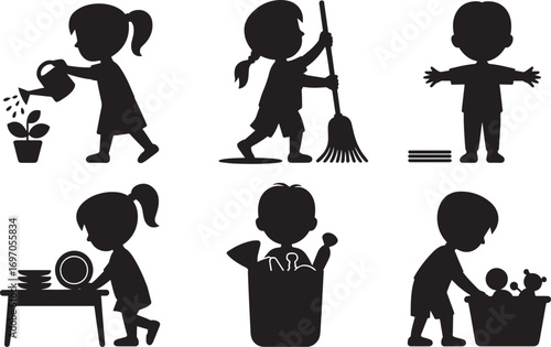 Silhouette Illustrations of Children Engaged in Various Activities Like Watering Plants