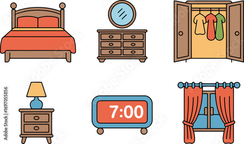 Vibrant Bedroom Interior Illustration with Bed, Dresser, Wardrobe, Nightstand, Clock, and Window